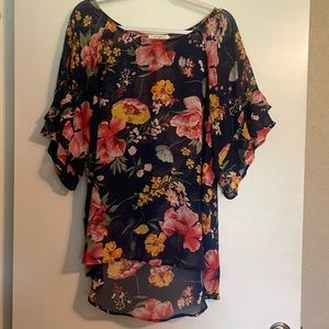 Umgee sheer floral tunic with double ruffle bell sleeves